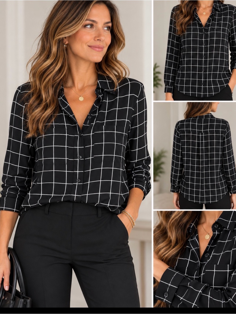 Express Portofino Shirt Black White Windowpane Blouse Size M